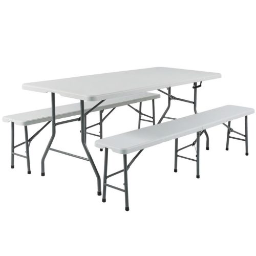 BipiLine Összecsukható Kerti Asztal Szett - Kültéri Asztal, hordozható sörpad + 2Pad - 180x72x72cm - Törtfehér