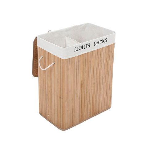 SONGMICS Bambusz Szennyeskosár 2 Rekeszes, 100l-es Natúr (LCB64Y)