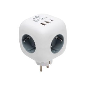   Home CUBE1 kocka elosztó USB töltővel, 3 aljzat gyermekvédelemmel, 1db USB C, 2db  USB A, max. 3680 W