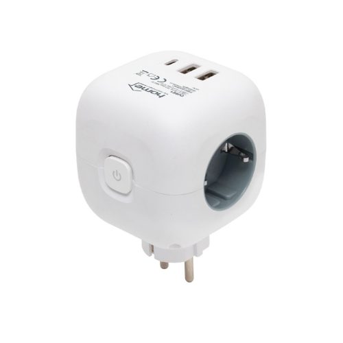 Home CUBE1 kocka elosztó USB töltővel, 3 aljzat gyermekvédelemmel, 1db USB C, 2db  USB A, max. 3680 W