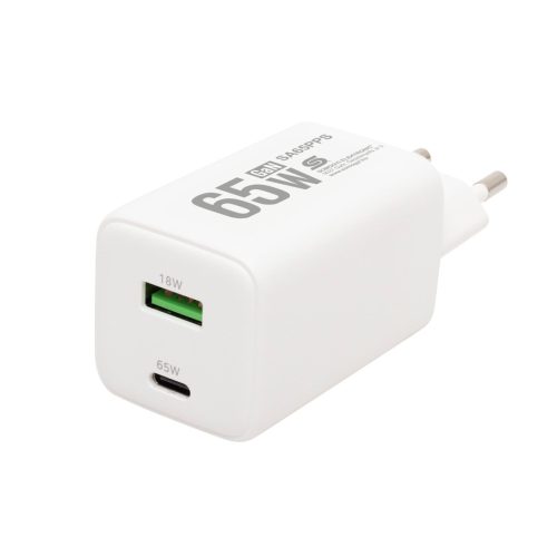 HOME SA65PPS USB hálózati szupergyors töltő, 65Watt, 2in1: USB-A + USB-C aljzat, QC + PD + PPS gyorstöltés, GaN technológia